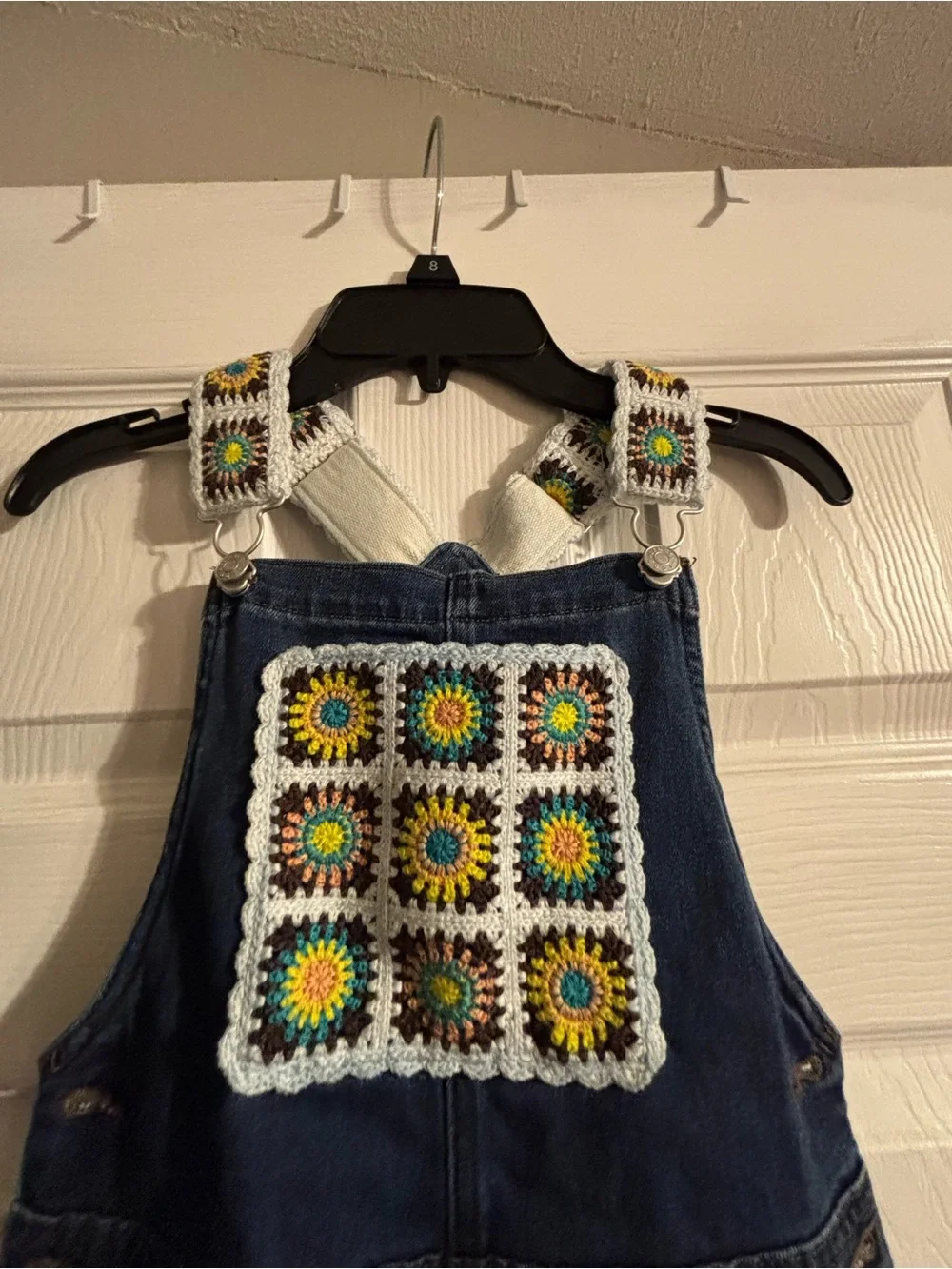 Denim Overalls with Crocheted Sunflower Patch - Blue